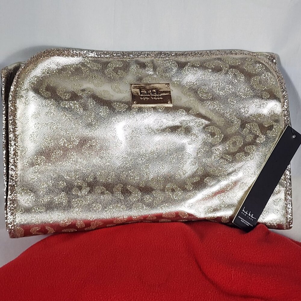 Nicole Miller New York Shiny Sparkle Gold Hanging Travel Bag with Bath Bottles